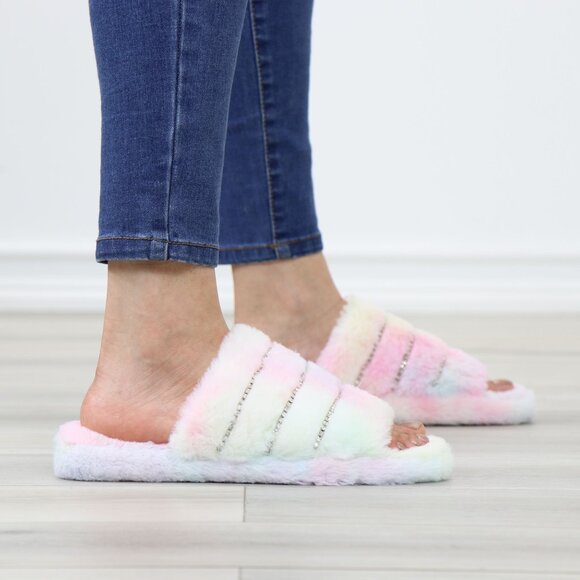 Tie Dye Puff Fuzzy Fluffy Slip On Plush Slippers Diamond Accents - Picture 6 of 12